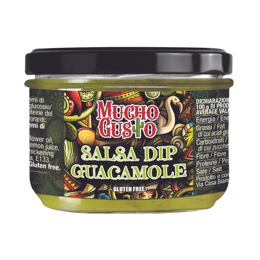 Confezione da 230g, salsa guacamole con avocado e peperoni Mucho Gusto.