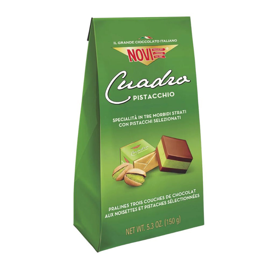 Confezione da 150g, praline di cioccolato ai pistacchi Novi.