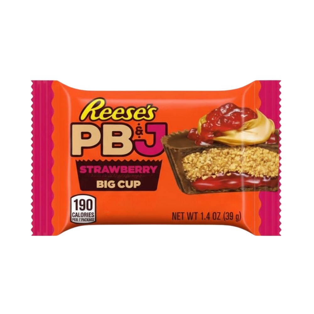 Reese's Big Cup PB&J Strawberry, tazza di cioccolato con ripieno al gusto di fragola e burro d'arachidi da 39g.