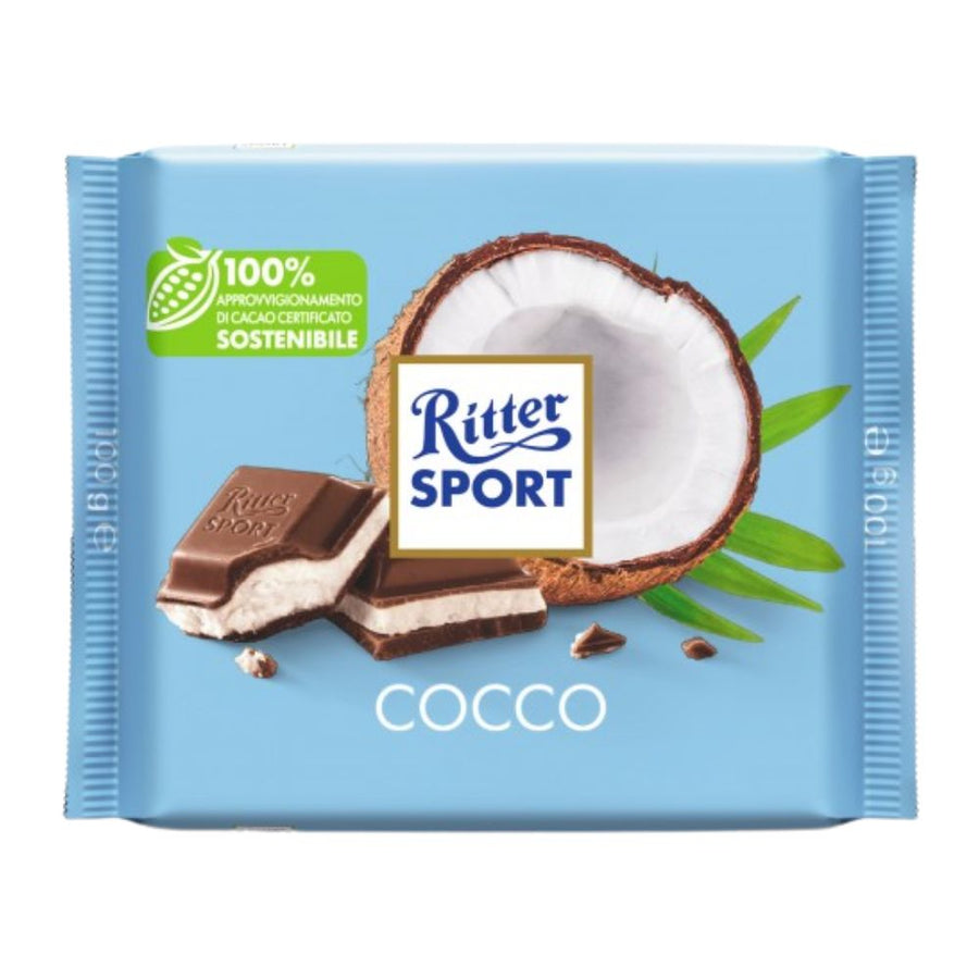 Confezione da 100g, cioccolato al latte ripieno di crema di cocco Ritter Sport.