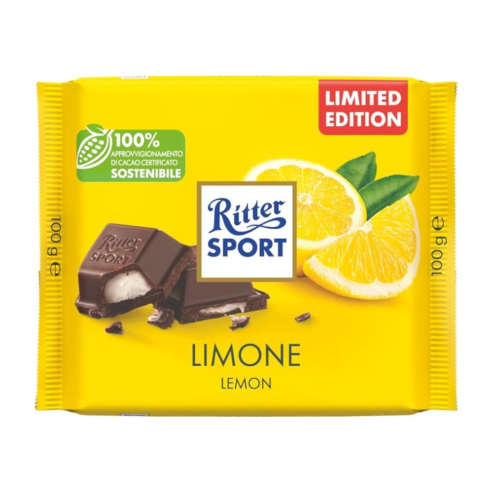 Confezione da 100g, cioccolato fondente con ripieno al gusto di limone Ritter Sport.