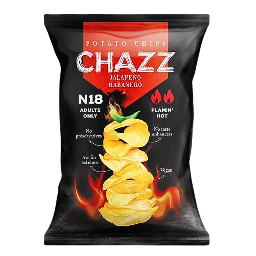 Confezione da 90g di patatine piccantissime Chazz Jalapeno Habanero