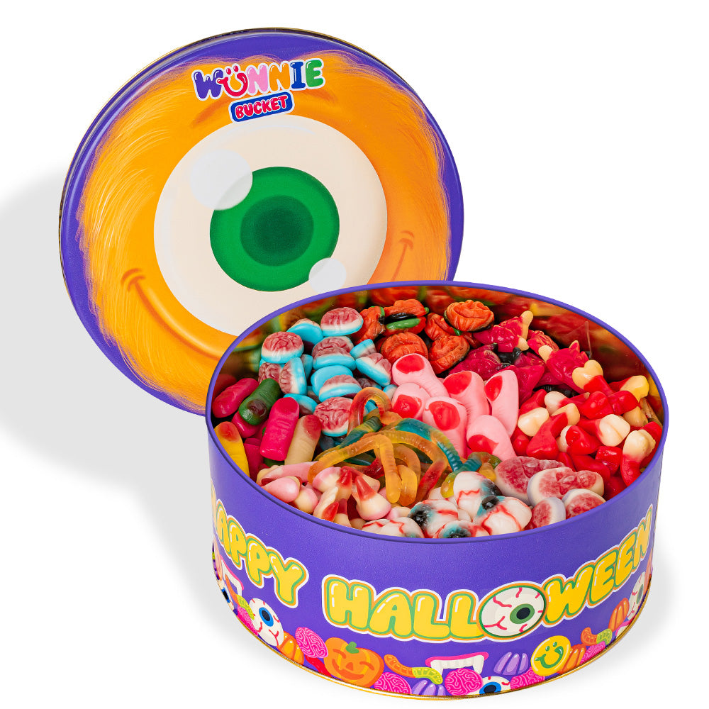 Wunnie Bucket "Sretan Halloween", limenka gumenih bombona od 3 kg koju možete sastaviti s vašim omiljenim okusima 