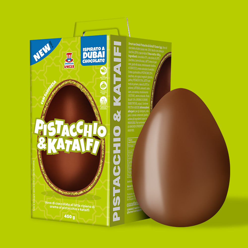 American Uncle Pistacchio & Kataifi Uskršnje jaje, uskršnje jaje Dubai Chocolate - mliječna čokolada punjena kremom od pistacija i kataifija od 450 g 