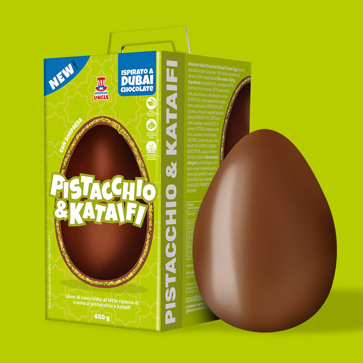 American Uncle Pistacchio & Kataifi Uskršnje jaje, uskršnje jaje Dubai Chocolate - mliječna čokolada punjena kremom od pistacija i kataifija od 450 g 