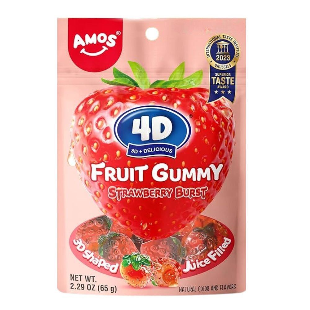 Amos 4D Fruit Gummy Strawberry Burst, gumeni bomboni punjeni s okusom jagode od 65g 