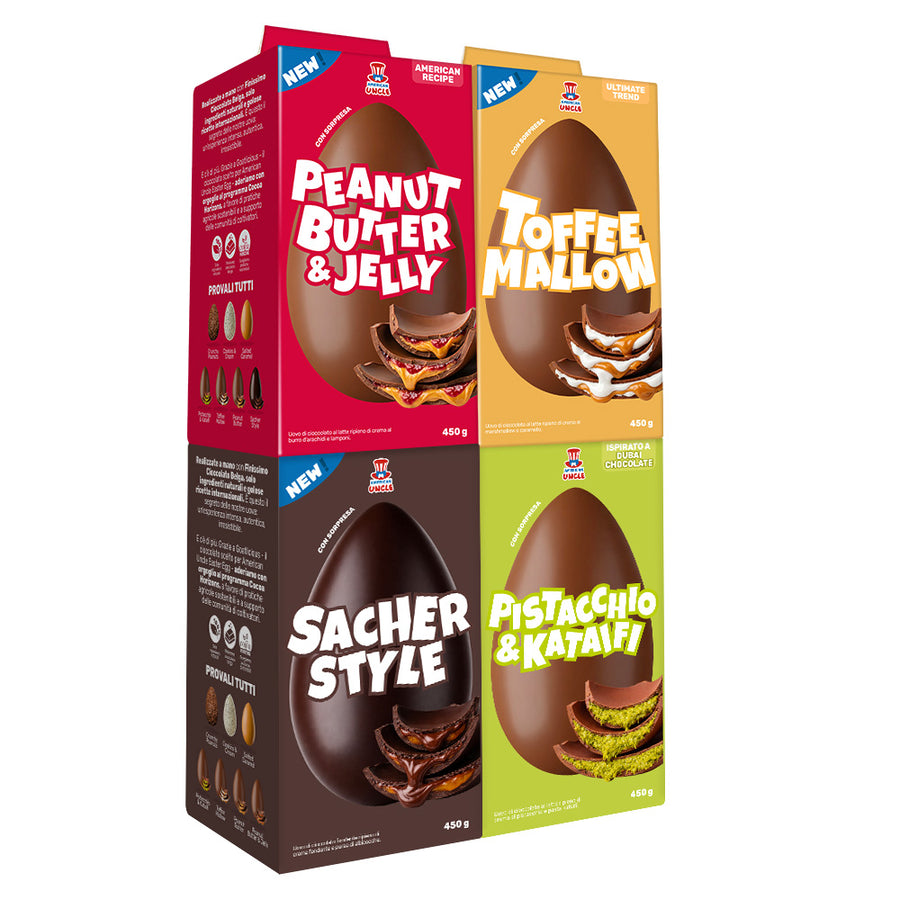 Set od 4 jaja: maslac od kikirikija i žele, Toffee Mallow, Sacher stil, Pistacija i Katafii