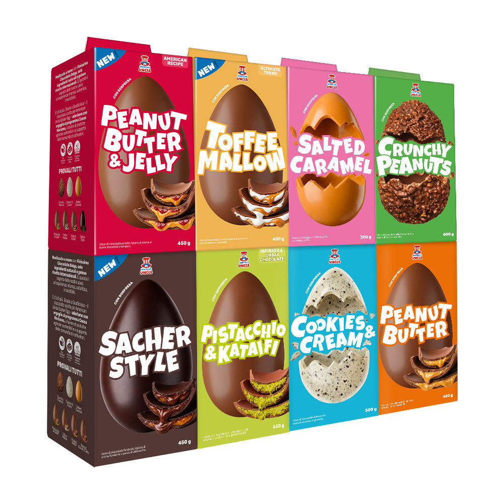 Sva uskršnja jaja: maslac od kikirikija i džem, karamel i marshmallow, slani karamel, hrskavi kikiriki, džem i tamna čokolada, pistacija i kataifi, cookies and cream, maslac od kikirikija