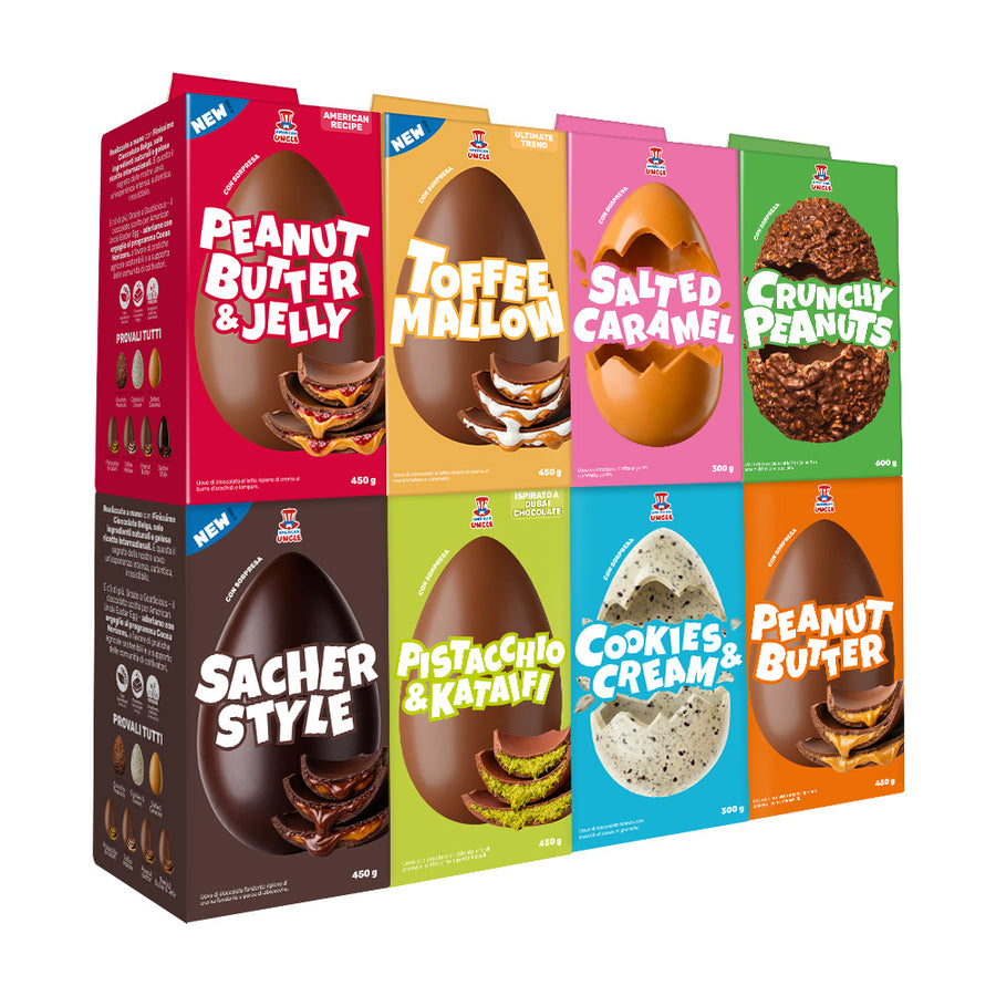 Sva uskršnja jaja: maslac od kikirikija i džem, karamel i marshmallow, slani karamel, hrskavi kikiriki, džem i tamna čokolada, pistacija i kataifi, cookies and cream, maslac od kikirikija