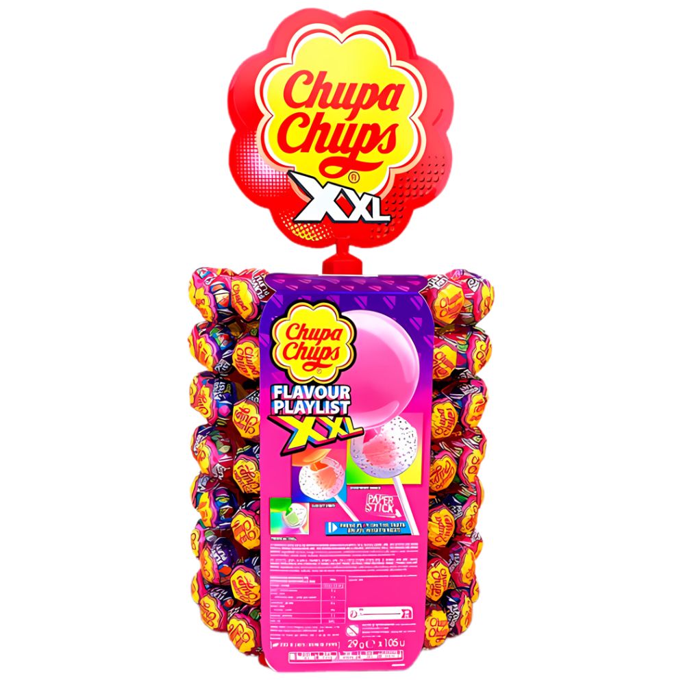 Chupa Chups XXL Playlist, lizalica s punjenjem od žvakaće gume miješanih okusa od 29g (Pakiranje od 105) 