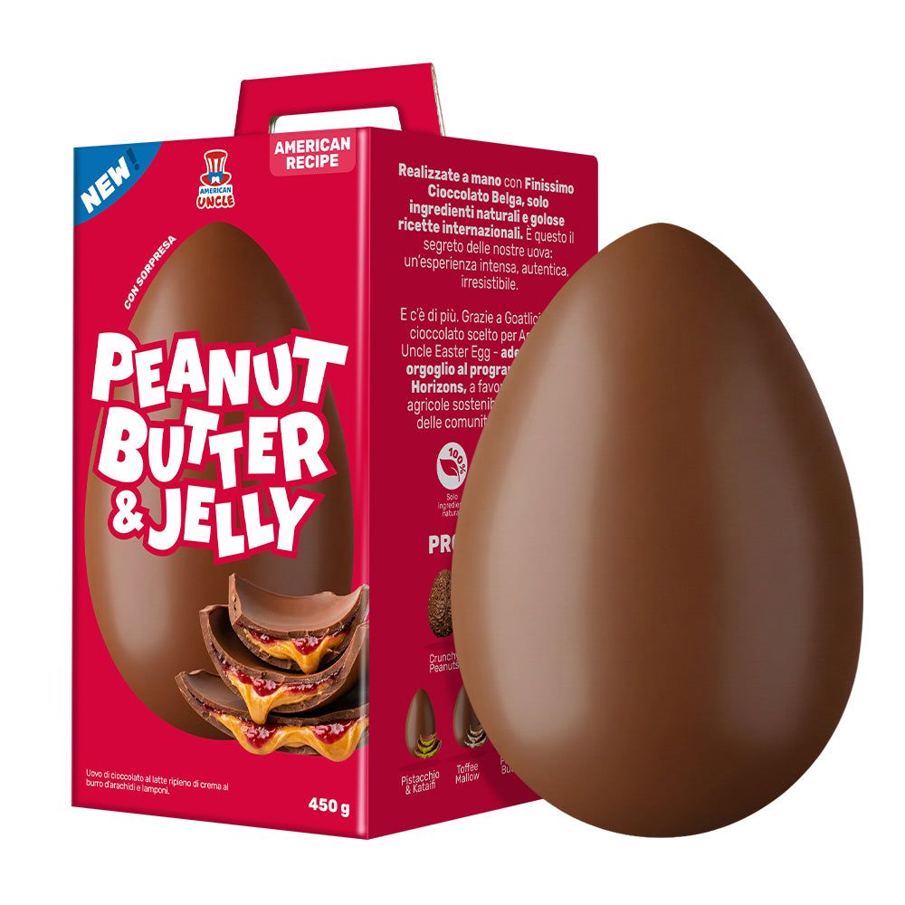Jaje American Uncle Peanut Butter i Jelly s crvenim pakiranjem i izvana