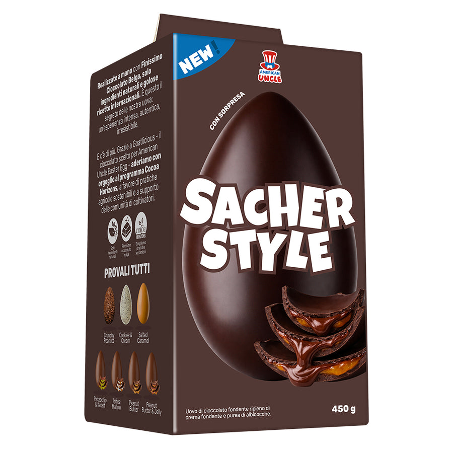 Uskršnje jaje od 450g tamne čokolade punjeno mareličnim džemom i tamnom čokoladom American Uncle Egg Sacher Style