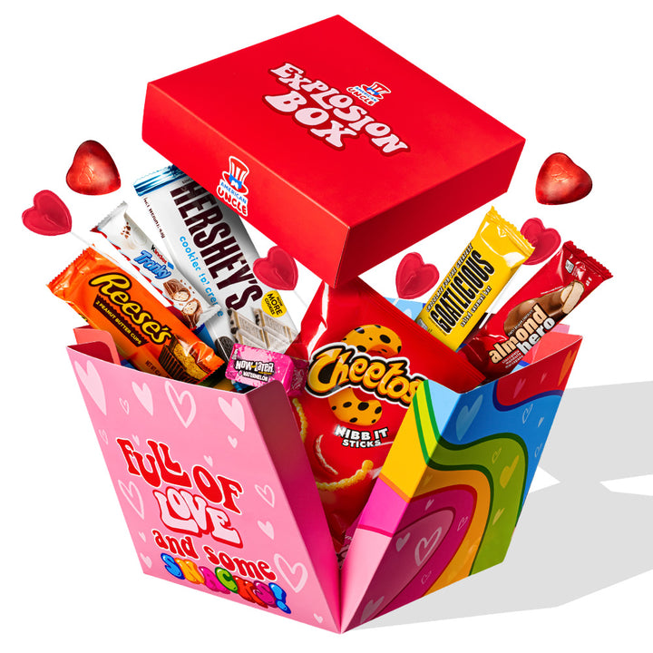 Eksplozija box “Ljubav”, eksplozivna poklon kutija s 20 snack slatkih i slanih iznenađenja 