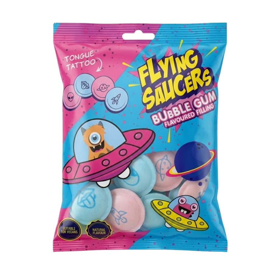 Flying Saucers Bubble Gum Flavoured Filling, cialde di caramelle ripieni di polvere di caramelle da 40g