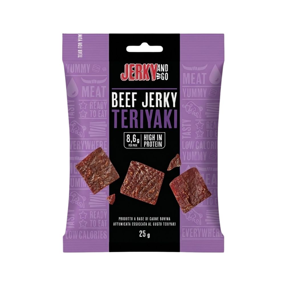 Jerky And Go Beef Jerky Teriyaki, snack di carne bovina essiccata e affumicata al gusto Teriyaki da 25g.