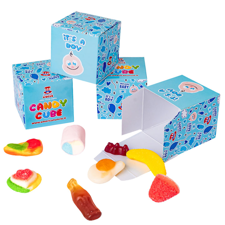 Candy Cube Kit “It’s a boy”, kutijice gumenih bombona od 50g idealne za baby shower ili rođenje (25, 50 ili 75 kom) 