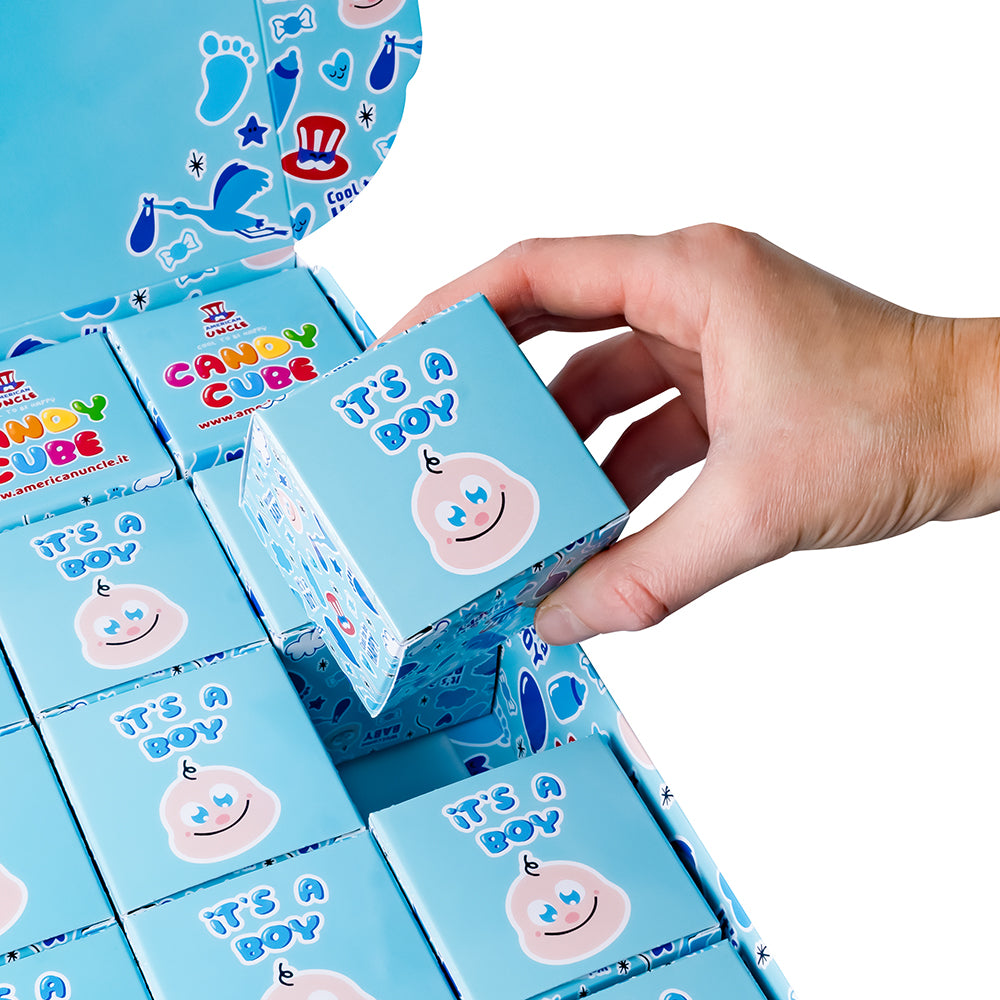 Candy Cube Kit “It’s a boy”, kutijice gumenih bombona od 50g idealne za baby shower ili rođenje (25, 50 ili 75 kom) 