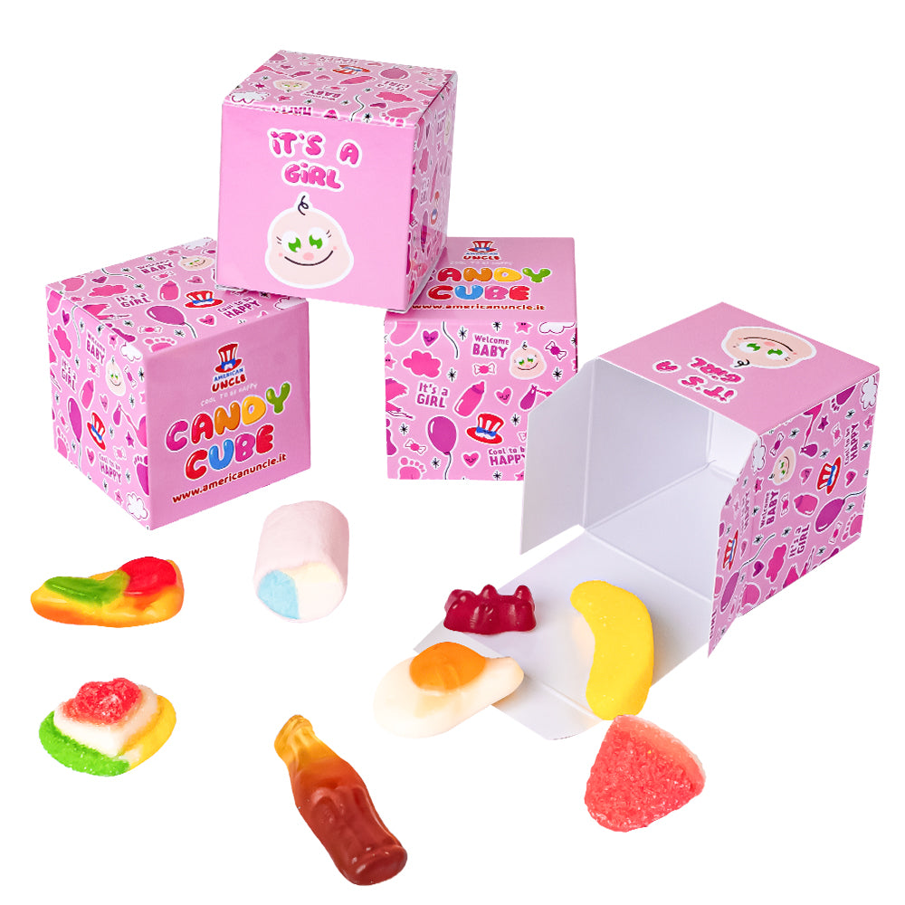Candy Cube Kit “It’s a girl”, kutijice s gumama od 50g idealne za baby shower ili rođenje (25, 50 ili 75 kom) 