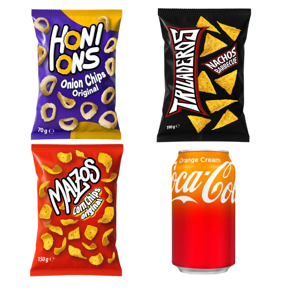 Kit Aperitivo: 1 Honions Onion Rings od 70g, 1 Triladeros Nachos BBQ od 190g, 1 Maizos Corn Chips Original od 150g, 1 Coca Cola Orange Cream od 355ml 