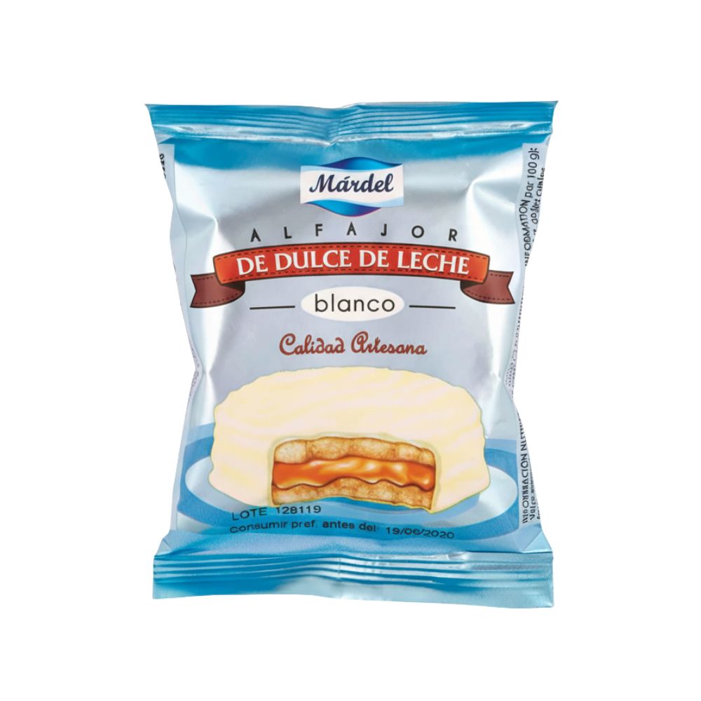Mardel Alfajores Blanco, biscotto con caramello al latte ricoperto di cioccolato bianco da 50g.