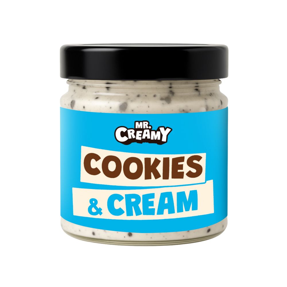 Confezione da 200g di crema spalmabile Mr Creamy al Cookies & Cream con granella di biscotti e cioccolato bianco.