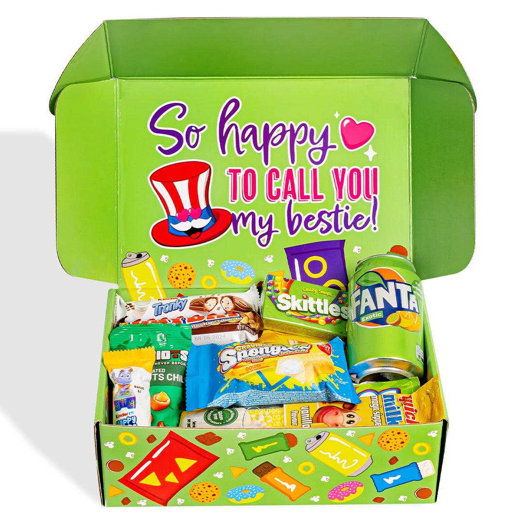 Snack Box “Najbolje prijateljice zauvijek”, iznenađujuća kutija s 20 snack slatkih, slanih proizvoda i pića za najbolju prijateljicu 