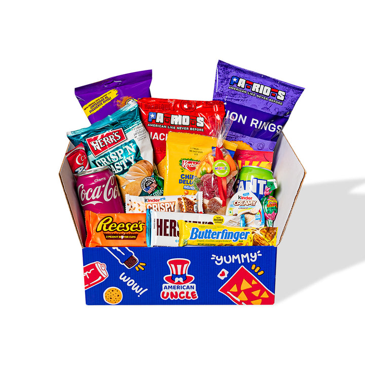 Snack box od najmanje 20 međunarodnih proizvoda: slatko, slano i pića 