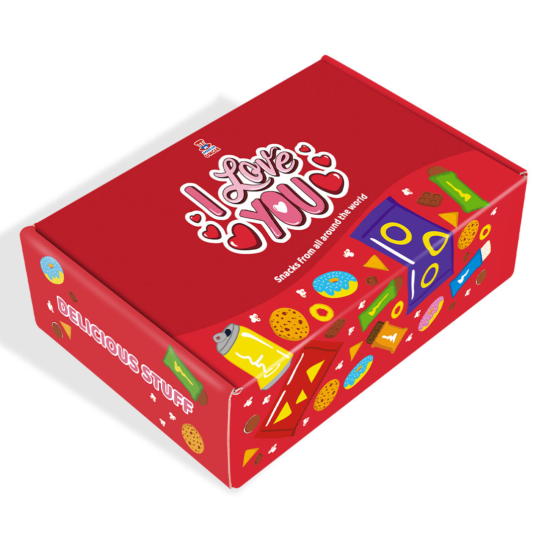 Snack Box "Volim te", kutija iznenađenja s 20 snack slatkiša, grickalica i napitaka 