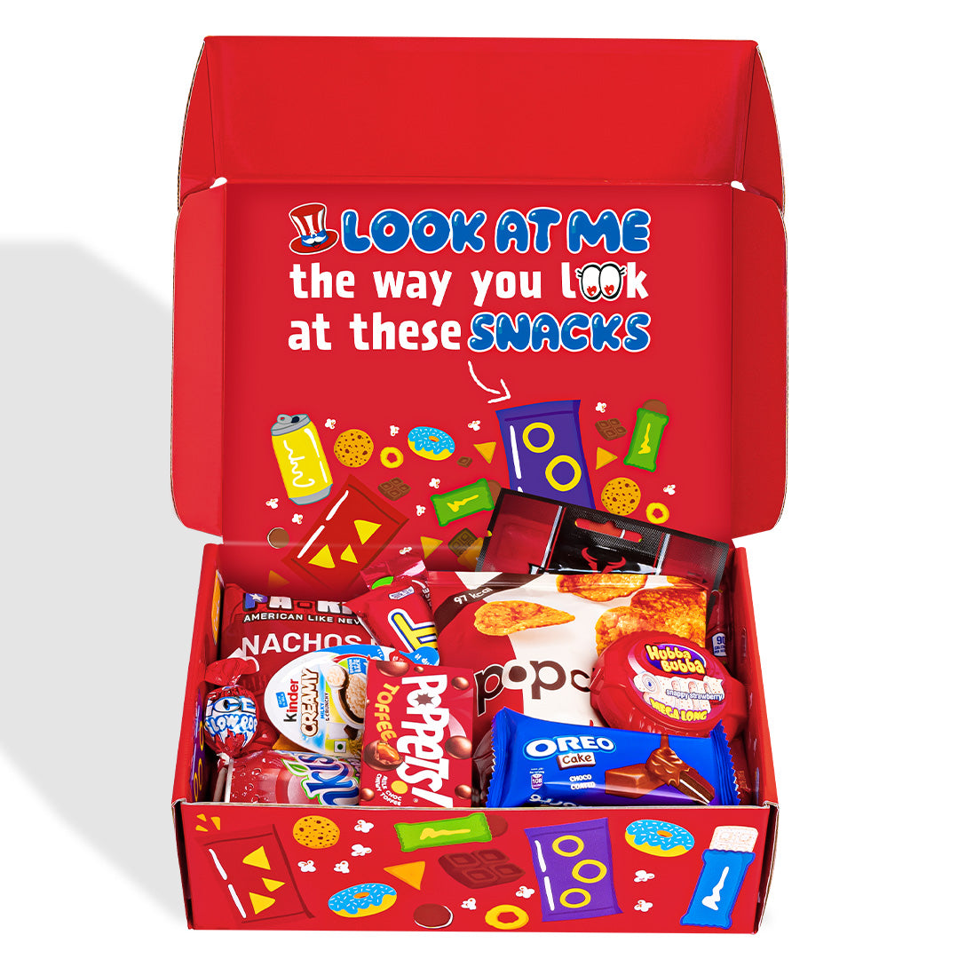 Snack Box "Volim te", kutija iznenađenja s 20 snack slatkiša, grickalica i napitaka 