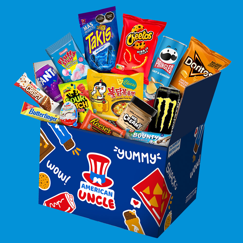 Composizione d'esempio di una snack box con prodotti dolci, salati e bevande