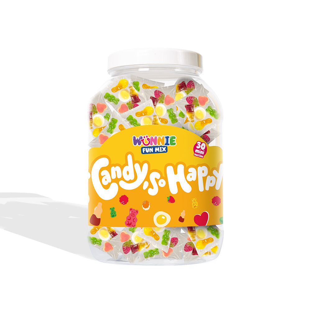 Wunnie Fun Mix, staklenka s vrećicama pojedinačnih porcija gumenih bombona u raznim okusima (30 ili 60 kom) 