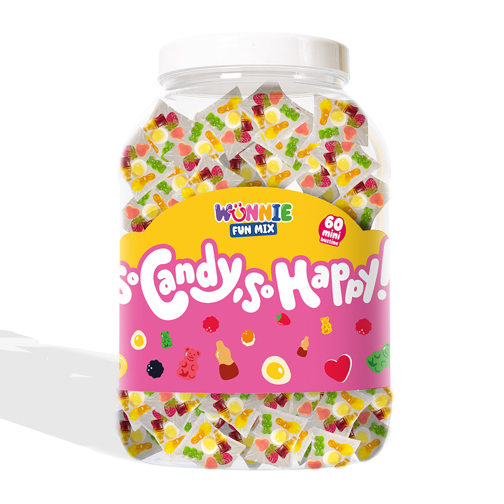 Wunnie Fun Mix, staklenka s vrećicama pojedinačnih porcija gumenih bombona u raznim okusima (30 ili 60 kom) 