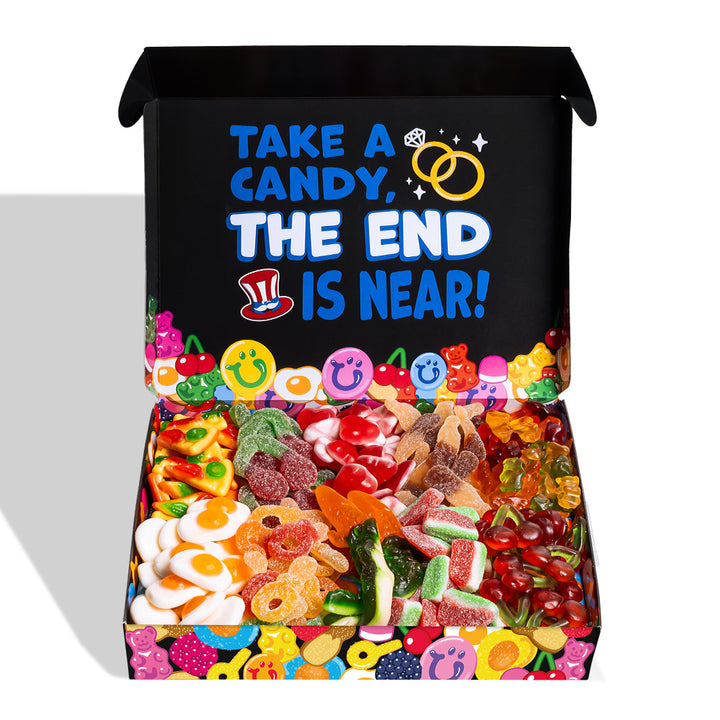 Candy box per addio al celibato, nera con frase Take a Candy, the end is near!