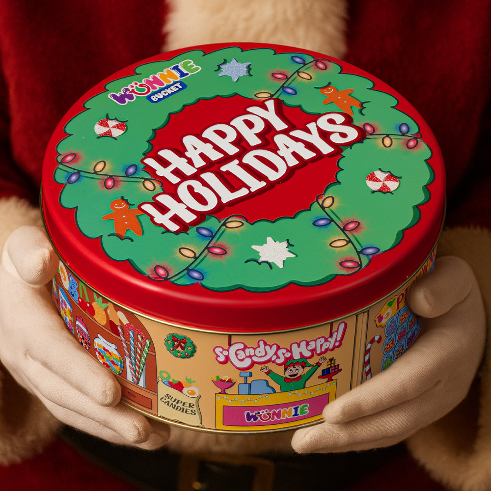 wunnie bucket happy holiday 2 kg chiuso, con ghirlanda sul coperchio 