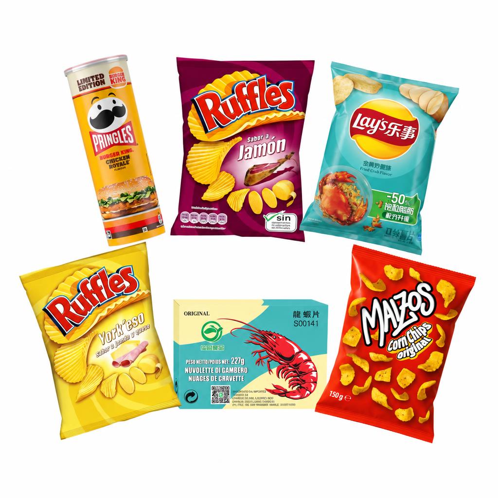 Kit Patatine e chips, 6 patatine al gusto Chicken Royale, jamon, granchio, formaggio e prosciutto, gambero e original