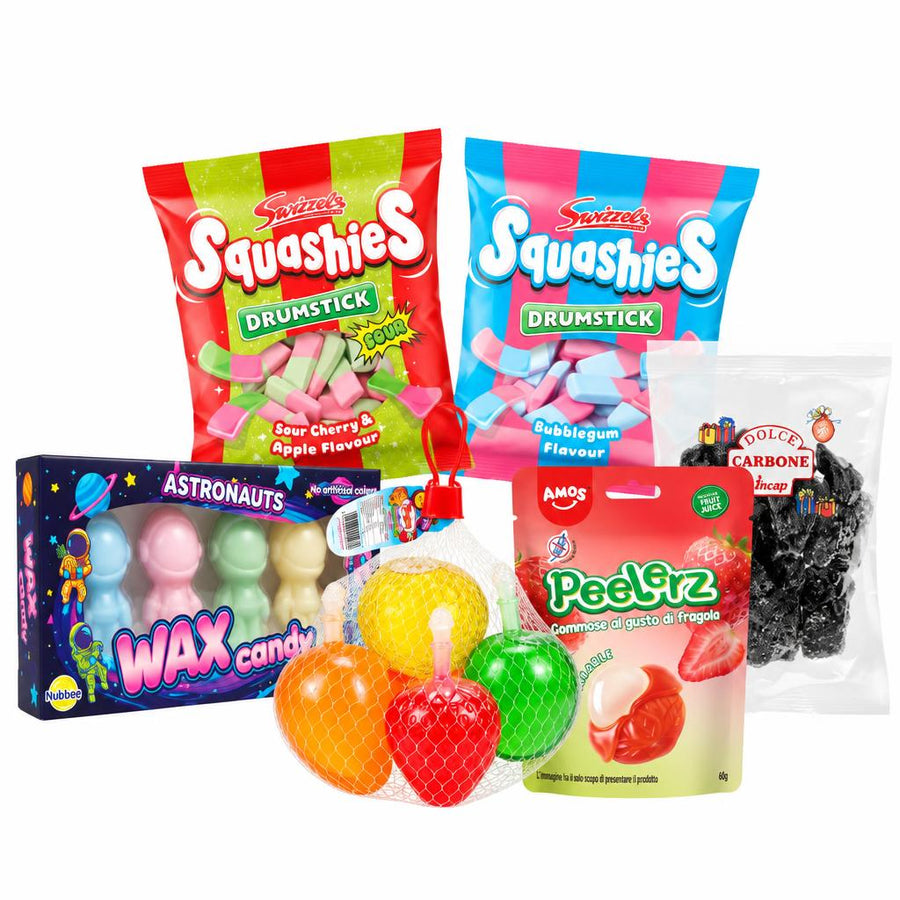 Bundle, 6 caramelle al gusto cera liquida, frutta liquida, ciliegia e mela, bubblegum, fragola e carbone dolce