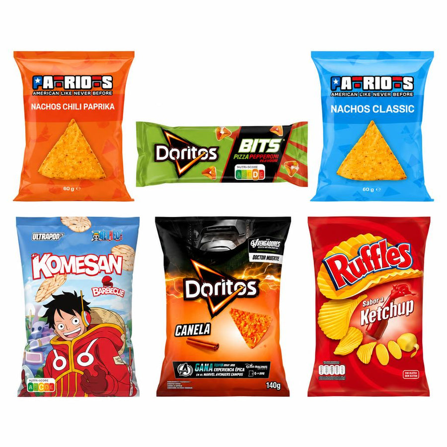 Patatine e chips Box, 6 snack al gusto paprika, pizza pepperoni, classico, barbecue, cannella e ketchup