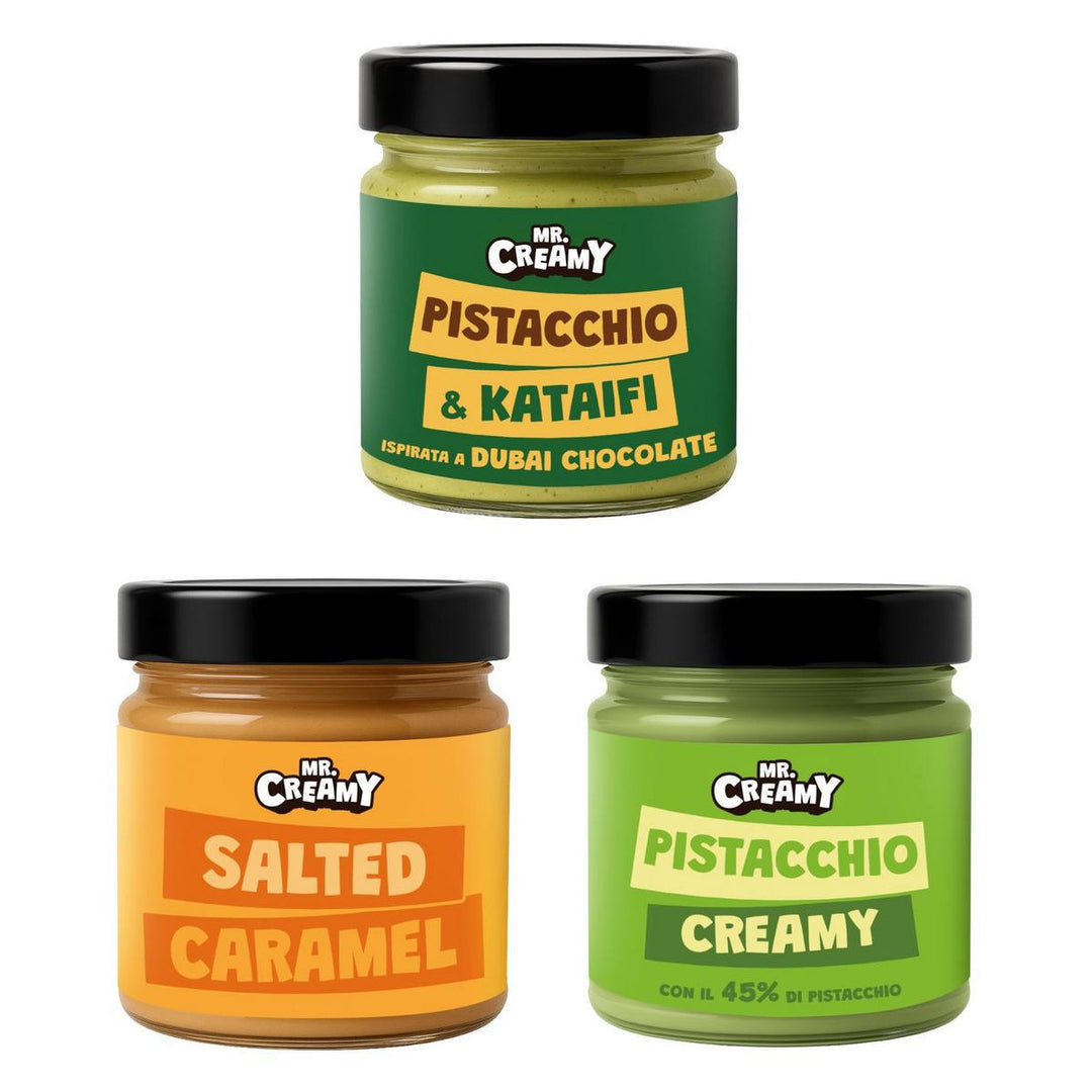 Mr. Creamy Kit, 3 namaza za mazanje okusa pistacija &amp; kataifi, slani karamel i kremasti pistacija