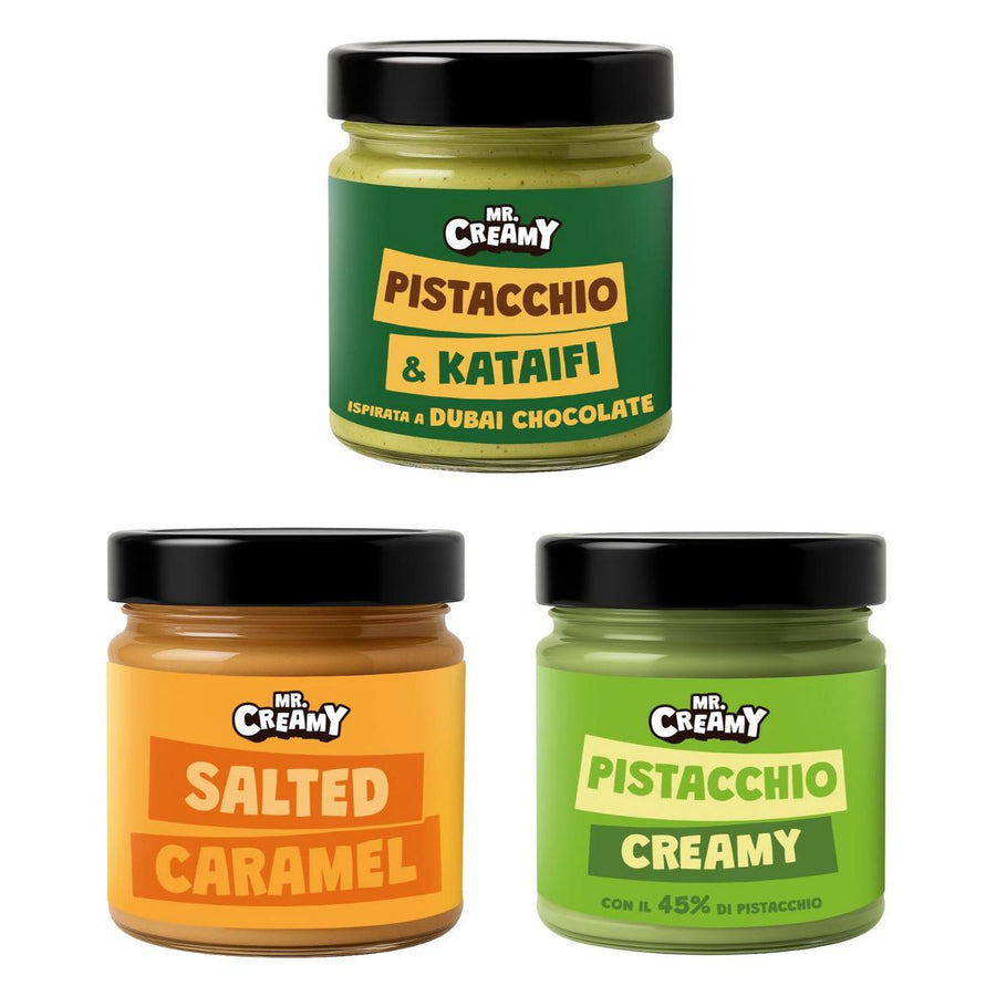 Mr. Creamy Kit, 3 namaza za mazanje okusa pistacija & kataifi, slani karamel i kremasti pistacija