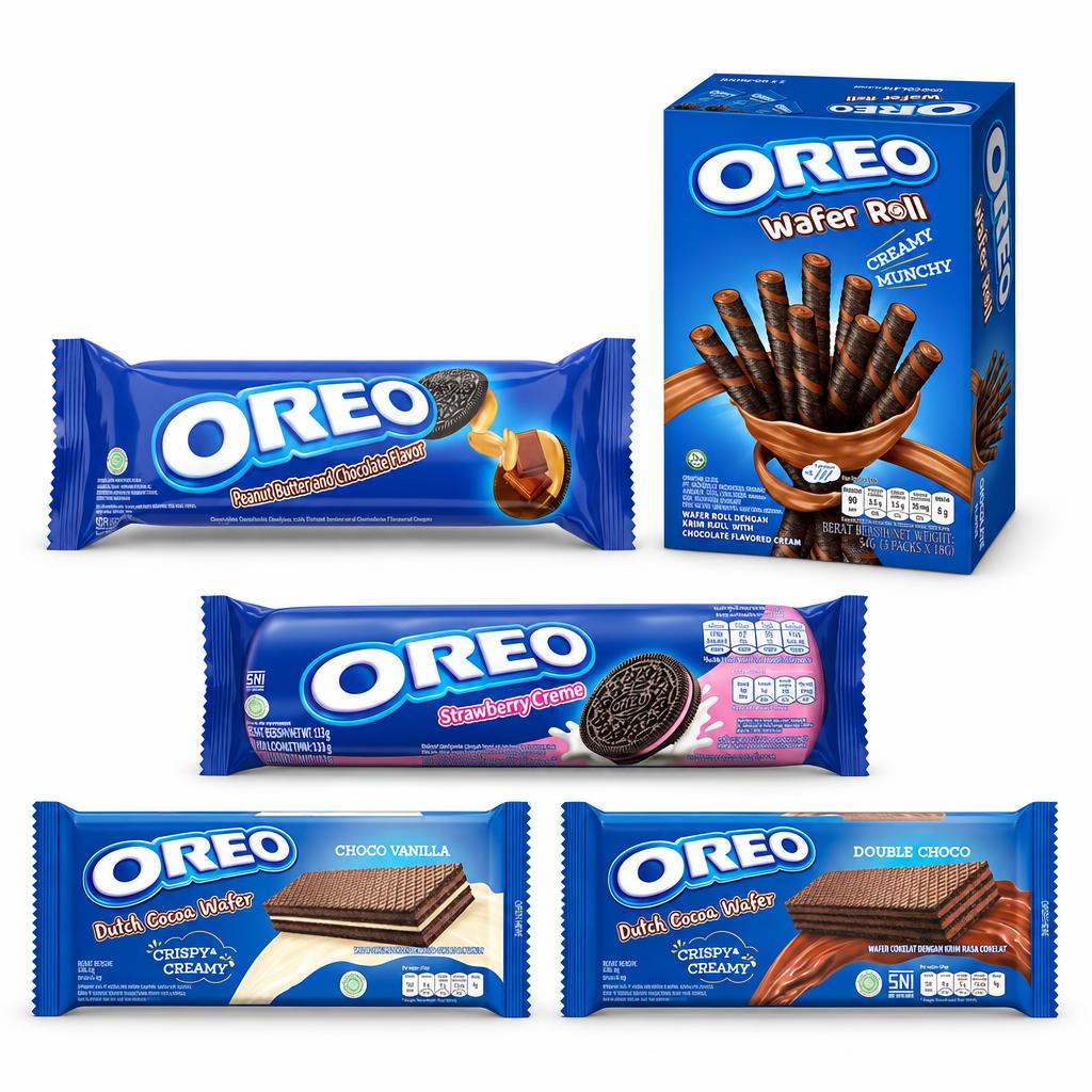Oreo Kit, 5 keksa i vafla okusa kikiriki maslaca, čokoladne rolade, jagode, kakaa i vanilije te dvostruke čokolade