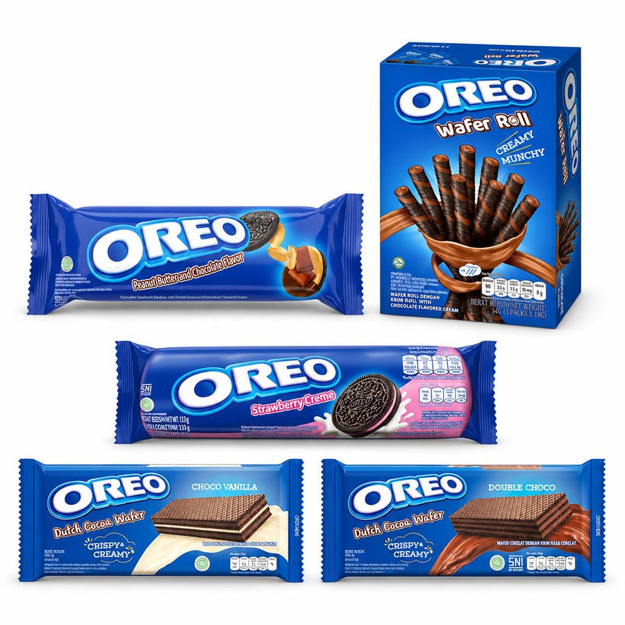 Oreo Kit, 5 keksa i vafla okusa kikiriki maslaca, čokoladne rolade, jagode, kakaa i vanilije te dvostruke čokolade