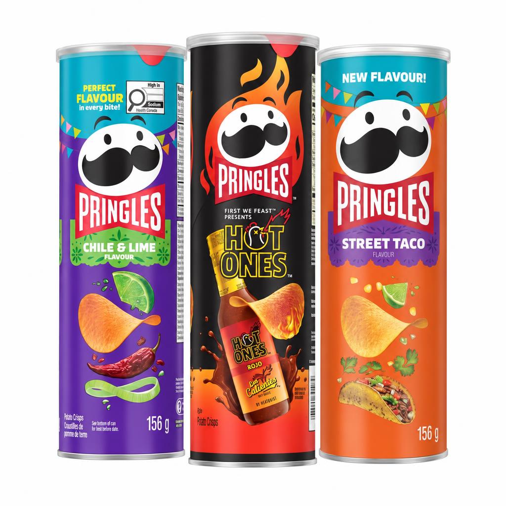 Pringles Kit, 3 čipsa okusa čili i limeta, Hot Ones Los Calientes Rojo i Street Taco