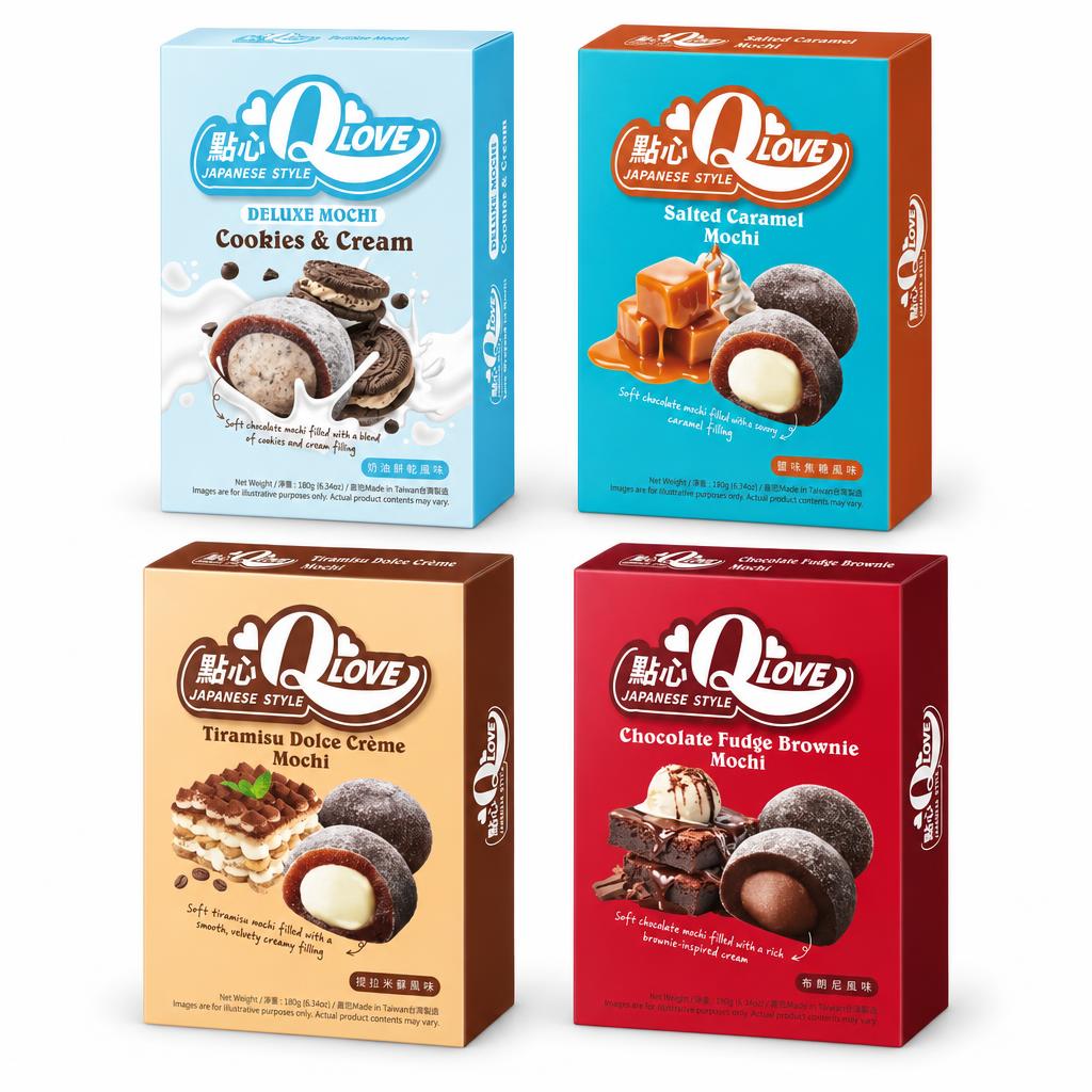 QLove Kit, 4 mochi okusa cookies and cream, slanog karamele, tiramisua i brownieja