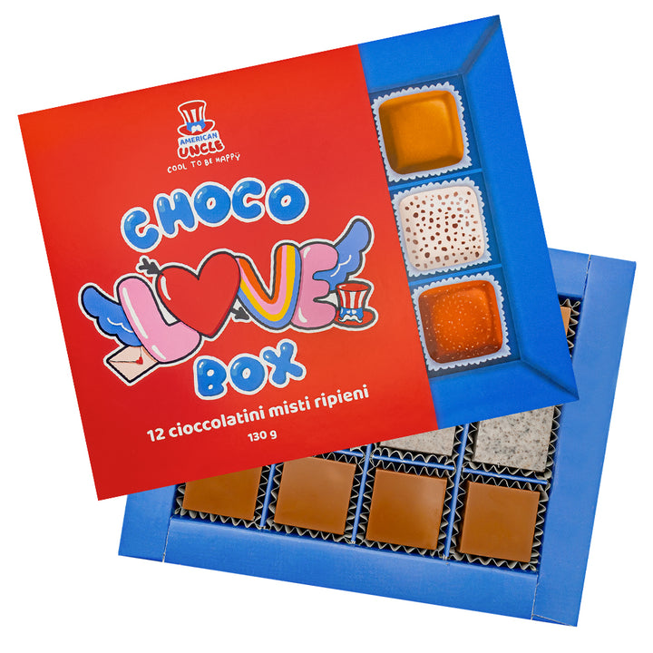 Choco Love Box, kutija od 12 miješanih čokoladnih pralina punjenih maslacem od kikirikija, toffeejem i cookies & cream od 130g 
