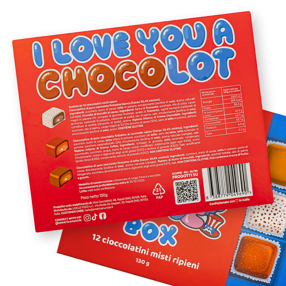 Choco Love Box, kutija od 12 miješanih čokoladnih pralina punjenih maslacem od kikirikija, toffeejem i cookies & cream od 130g 