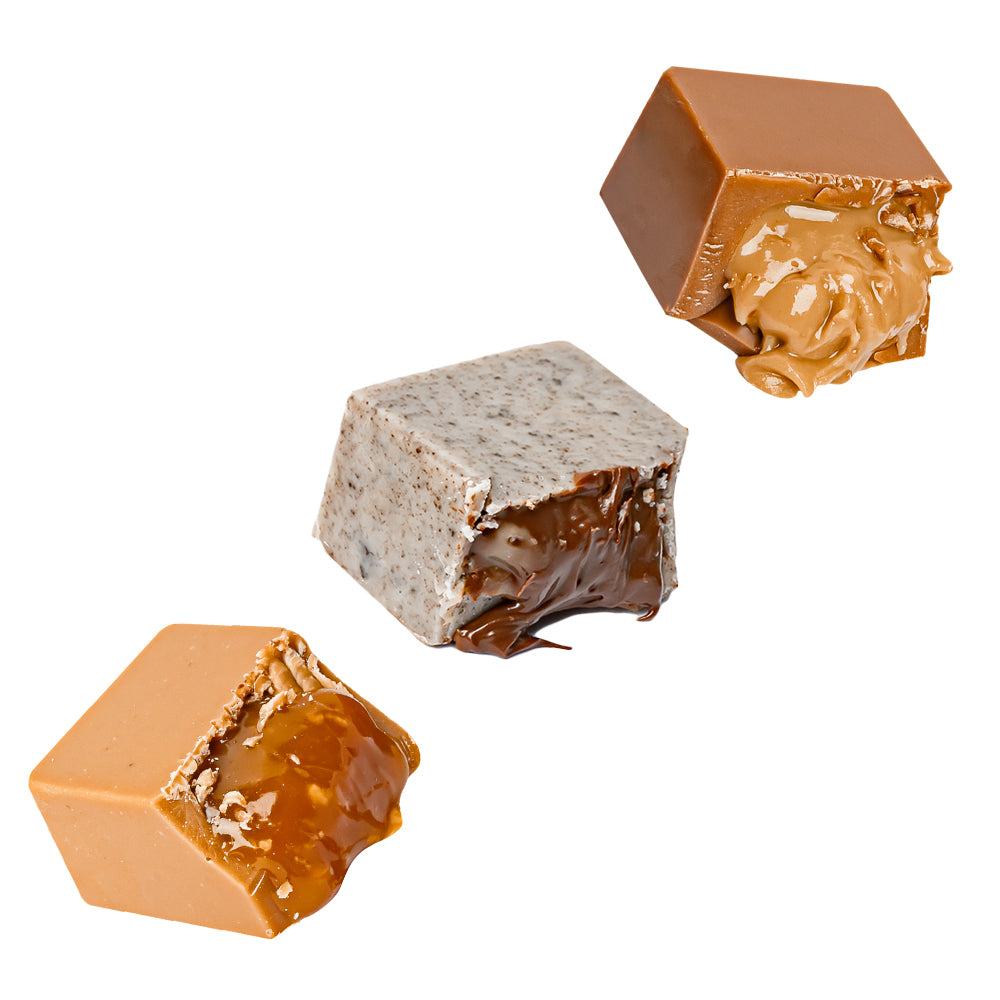 Choco Love Box, kutija od 12 miješanih čokoladnih pralina punjenih maslacem od kikirikija, toffeejem i cookies & cream od 130g 