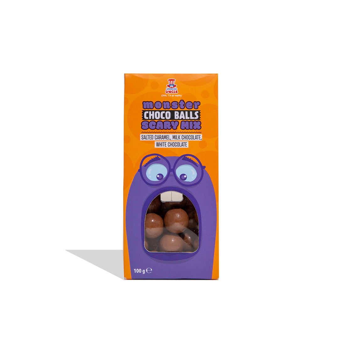 Monster Choco Balls Scary mix, mliječne čokoladne kuglice punjene bijelom čokoladom, slanim karamelom i mliječnom čokoladom od 100g 