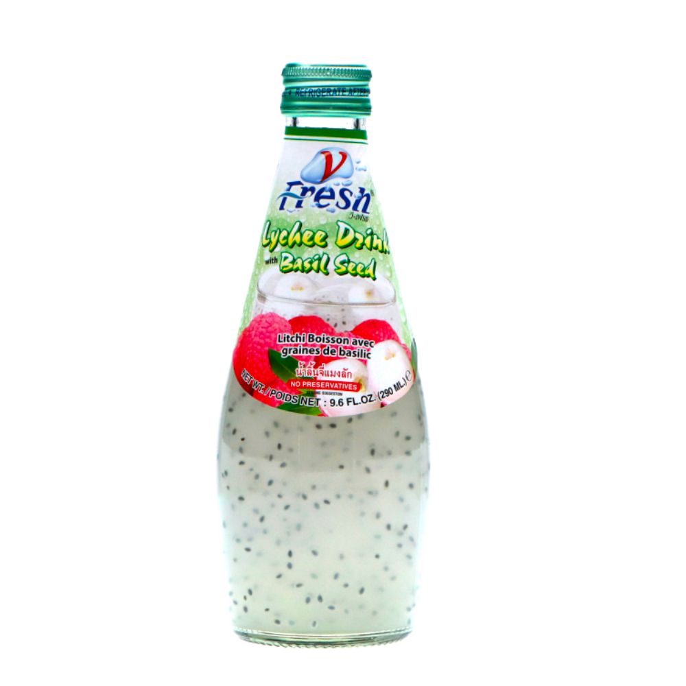 Fresh Lychee Tea Drink with Basil Seed, tajlandski zeleni čaj s okusom ličija sjemenke bosiljka od 290ml 
