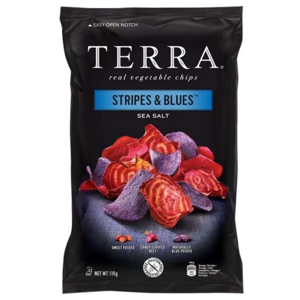 Terra Real Vegetable Chips Stripe & Blues, čips od batata i rotkvice s morskom soli od 110g 