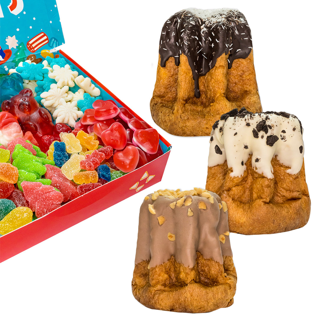 Candy box Praznična edicija + 3 ručno izrađena pandora od 200g Tamna čokolada & Kokos, Slani karamel & Čokoladni kikiriki i Keksi & Krema 